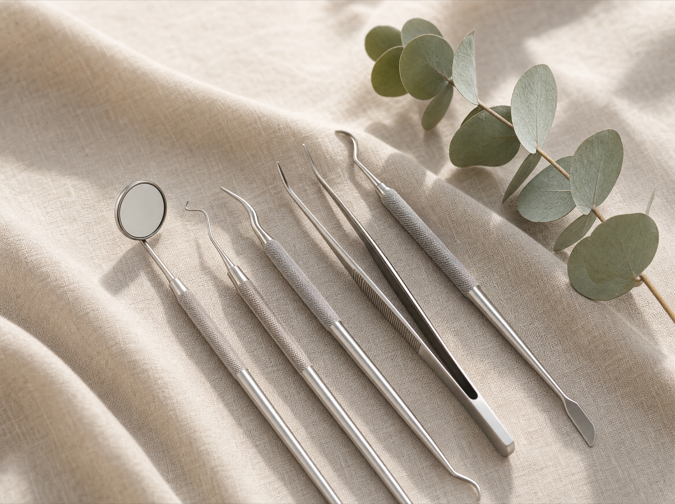 Sterilised instruments laid out on linen